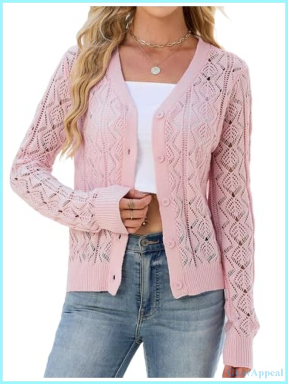 Women's Crochet Cardigan Long Sleeve V-Neck Cotton Blend Sweater